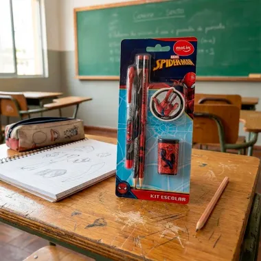 Kit Escolar Marvel Spider Man Molin com 1 Caneta Azul 2 L&aacute;pis Grafite 1 Borracha e 1 Apontador Cores Sortidas