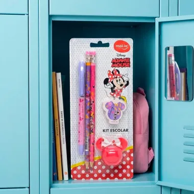 Kit Escolar Disney Minnie Mouse Molin com 1 Caneta Azul 2 L&aacute;pis Grafite 1 Borracha e 1 Apontador Cores Sortidas