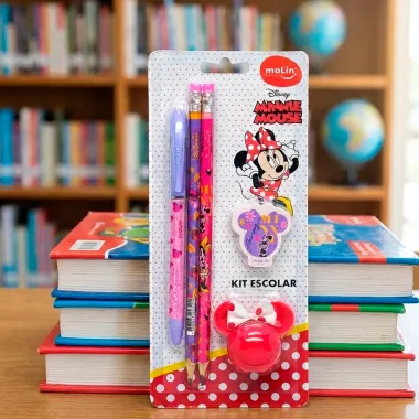 Kit Escolar Disney Minnie Mouse Molin com 1 Caneta Azul 2 L&aacute;pis Grafite 1 Borracha e 1 Apontador Cores Sortidas