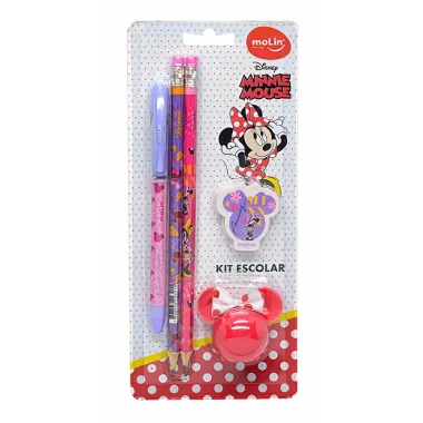 Kit Escolar Disney Minnie Mouse Molin com 1 Caneta Azul 2 L&aacute;pis Grafite 1 Borracha e 1 Apontador Cores Sortidas