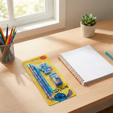 Kit Escolar Disney Stitch Molin com 1 Caneta Azul 2 L&aacute;pis Grafite 1 Borracha e 1 Apontador Cores Sortidas