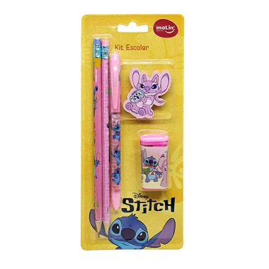 Kit Escolar Disney Stitch Molin com 1 Caneta Azul 2 L&aacute;pis Grafite 1 Borracha e 1 Apontador Cores Sortidas