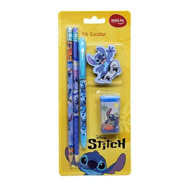 Kit Escolar Disney Stitch Molin com 1 Caneta Azul 2 L&aacute;pis Grafite 1 Borracha e 1 Apontador Cores Sortidas