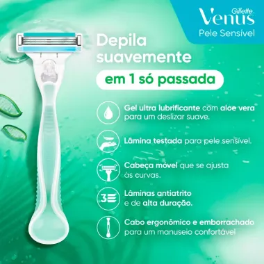 Aparelho de Depilar Gillette Venus Pele Sens&iacute;vel com Aloe Vera 1 Cabo e 3 Cargas Refis