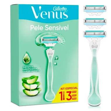 Aparelho de Depilar Gillette Venus Pele Sens&iacute;vel com Aloe Vera 1 Cabo e 3 Cargas Refis