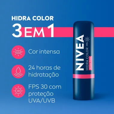 Protetor Labial Nivea Hidra Color Rosa Pink FPS 30 3 em 1 4,8g