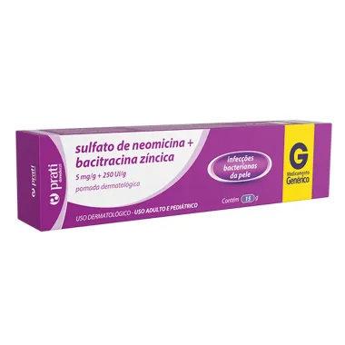 Sulfato de Neomicina 5mg/g + Bacitracina Z&iacute;ncica 250UI/g Prati Gen&eacute;rico Pomada Dermatol&oacute;gica com 15g