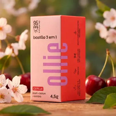 Bast&atilde;o Ollie 3 em 1 Blush Batom e Sombra FPS 95 Cor Cereja 4,5g