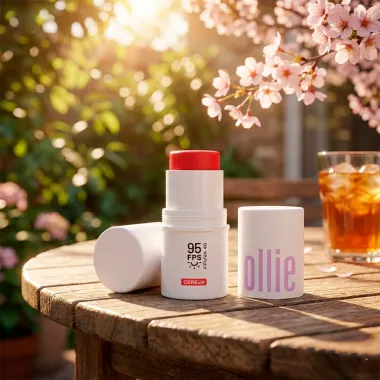 Bast&atilde;o Ollie 3 em 1 Blush Batom e Sombra FPS 95 Cor Cereja 4,5g