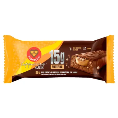 Barra de Prote&iacute;na 3 Cora&ccedil;&otilde;es 15g Prote&iacute;na Cappuccino Classic 50g