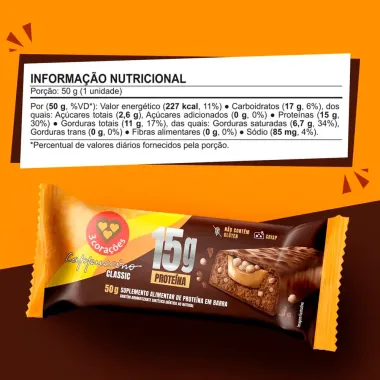 Barra de Prote&iacute;na 3 Cora&ccedil;&otilde;es 15g Prote&iacute;na Cappuccino Classic 50g
