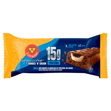 Barra de Prote&iacute;na 3 Cora&ccedil;&otilde;es 15g Prote&iacute;na Cappuccino Cookies 'N Cream 50g