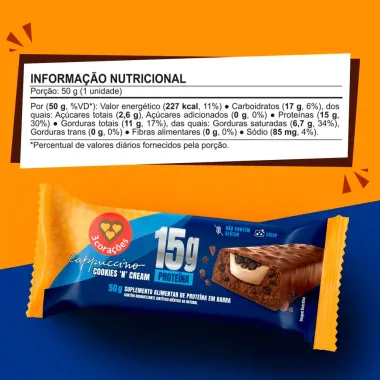 Barra de Prote&iacute;na 3 Cora&ccedil;&otilde;es 15g Prote&iacute;na Cappuccino Cookies 'N Cream 50g