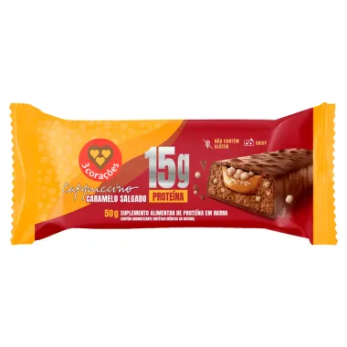 Barra de Prote&iacute;na 3 Cora&ccedil;&otilde;es 15g Prote&iacute;na Cappuccino Caramelo Salgado 50g