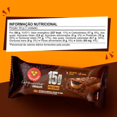 Barra de Proteina 3 Cora&ccedil;&otilde;es 15g Prote&iacute;na Cappuccino Chocolate 50g