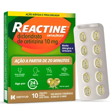 Reactine Dicloridrato de Cetirizina 10mg Antial&eacute;rgico com 10 C&aacute;psulas Moles