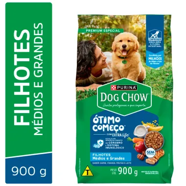 Ra&ccedil;&atilde;o para C&atilde;es Dog Chow Premium Extra Life Filhotes M&eacute;dios e Grandes Sabor Carne Frango Frutas e Leite 900g