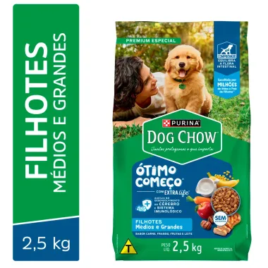 Ra&ccedil;&atilde;o para C&atilde;es Dog Chow Premium Extra Life Filhotes M&eacute;dios e Grandes Sabor Carne Frango Frutas e Leite 2,5Kg