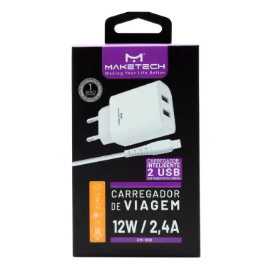 Carregador de Viagem Maketech com 2 Portas USB e Cabo Lightning para iPhone 12W 2.4A CM 109I