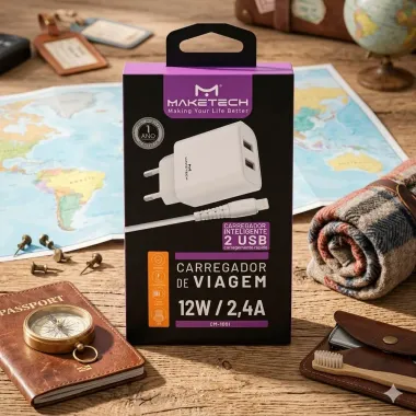 Carregador de Viagem Maketech com 2 Portas USB e Cabo Lightning para iPhone 12W 2.4A CM 109I