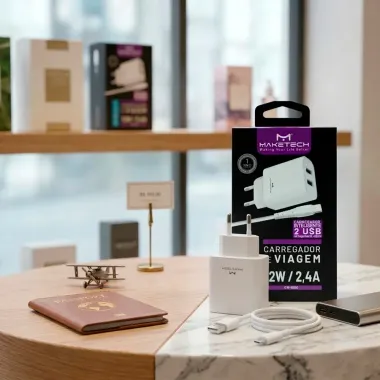 Carregador de Viagem Maketech com 2 Portas USB 12W 2.4A e Cabo Tipo C CM 109C