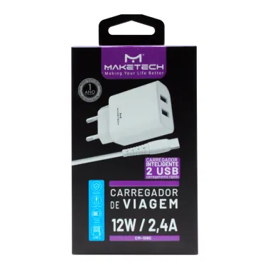 Carregador de Viagem Maketech com 2 Portas USB 12W 2.4A e Cabo Tipo C CM 109C