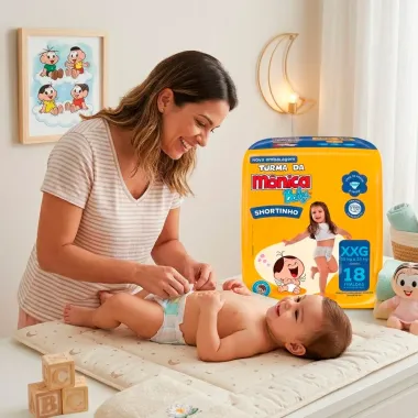 Fralda Turma da M&ocirc;nica Baby Shortinho Tamanho XXG com 18 Unidades Descart&aacute;veis