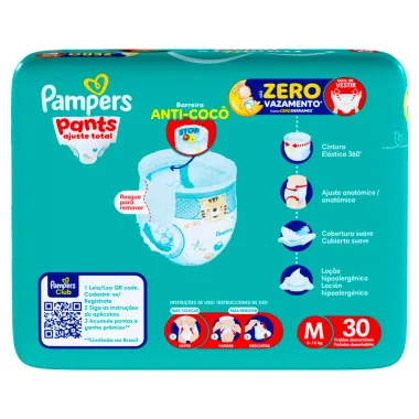 Fralda Pampers Pants Ajuste Total Tamanho M com 30 Unidades Descart&aacute;veis