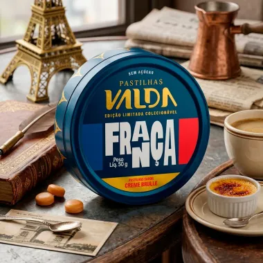 Pastilhas Valda Fran&ccedil;a Sabor Creme Brulee Sem A&ccedil;&uacute;car Edi&ccedil;&atilde;o Limitada Colecion&aacute;vel 50g
