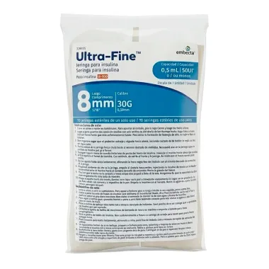 Seringa para Insulina Ultra Fine 50UI 8mm 30G Est&eacute;reis 0,5ml com 10 Unidades