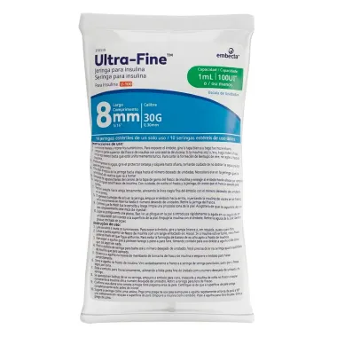 Seringa para Insulina Ultra Fine 100UI 8mm 30G Est&eacute;reis 1ml com 10 Unidades