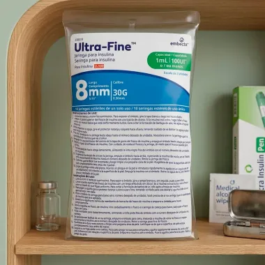 Seringa para Insulina Ultra Fine 100UI 8mm 30G Est&eacute;reis 1ml com 10 Unidades
