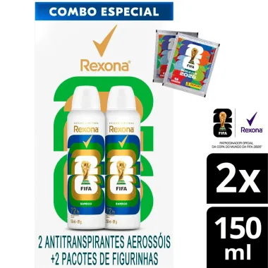 Desodorante Rexona Men Bamboo 2 Unidades de 150ml cada Copa do Mundo Fifa 2026 Edi&ccedil;&atilde;o Limitada e 2 Pacotes de Figurinhas