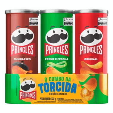 Kit Batata Pringles Combo da Torcida Pringols Sabores Churrasco Creme e Cebola Original 322g