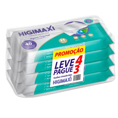 Toalha Umedecidas Higimaxi Premium Corporal 4 Pacotes com 40 Unidades cada Leve 4 Pague 3