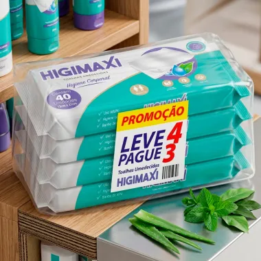 Toalha Umedecidas Higimaxi Premium Corporal 4 Pacotes com 40 Unidades cada Leve 4 Pague 3