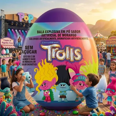 Bala Explosiva em P&oacute; Trolls com Ovo Surpresa Sabor Morango Sem A&ccedil;&uacute;car 2,2g