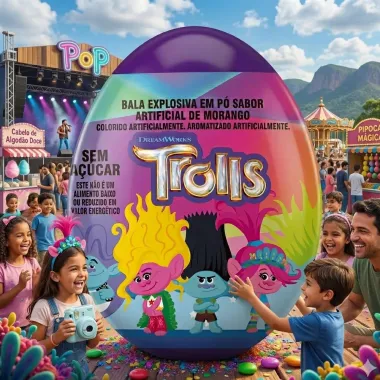Bala Explosiva em P&oacute; Trolls com Ovo Surpresa Sabor Morango Sem A&ccedil;&uacute;car 2,2g
