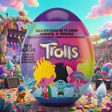 Bala Explosiva em P&oacute; Trolls com Ovo Surpresa Sabor Morango Sem A&ccedil;&uacute;car 2,2g