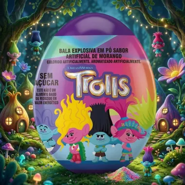 Bala Explosiva em P&oacute; Trolls com Ovo Surpresa Sabor Morango Sem A&ccedil;&uacute;car 2,2g
