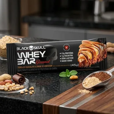 Barra de Prote&iacute;na Whey Bar Gourmet Black Skull Sabor Torta de Chocolate e Creme de Amendoim 12g de Prote&iacute;na 40g