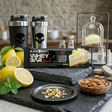Barra de Prote&iacute;na Whey Bar Gourmet Black Skull Sabor Torta Mousse de Lim&atilde;o 12g de Prote&iacute;na 40g