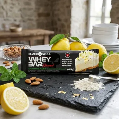 Barra de Prote&iacute;na Whey Bar Gourmet Black Skull Sabor Torta Mousse de Lim&atilde;o 12g de Prote&iacute;na 40g