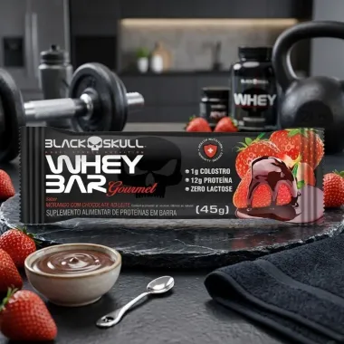 Barra de Prote&iacute;na Whey Bar Gourmet Black Skull Sabor Morango com Chocolate ao Leite 12g de Prote&iacute;na 45g