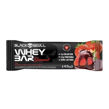 Barra de Prote&iacute;na Whey Bar Gourmet Black Skull Sabor Morango com Chocolate ao Leite 12g de Prote&iacute;na 45g