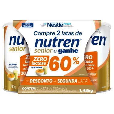Nutren Senior Zero Lactose Sem Sabor Ganhe 60% de Desconto na Segunda Unidades Latas de 740g cada