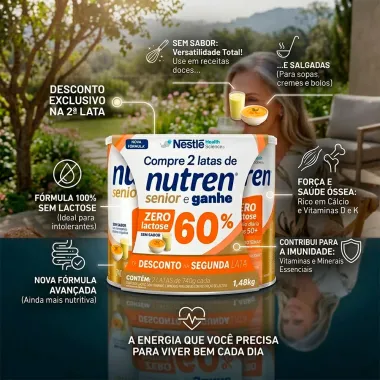 Nutren Senior Zero Lactose Sem Sabor Ganhe 60% de Desconto na Segunda Lata 2 de 740g cada
