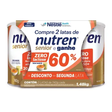Nutren Senior Zero Lactose Sem Sabor Ganhe 60% de Desconto na Segunda Unidades Latas de 740g cada