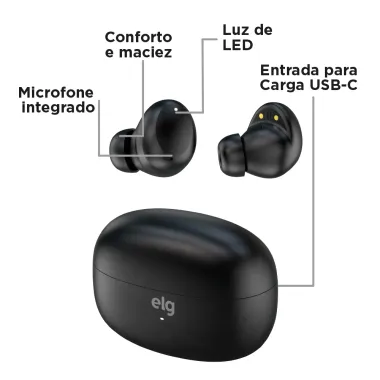Fone de Ouvido ELG TWS Aura Go Preto True Wireless Stereo Bluetooth V5.4