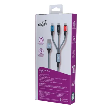 Cabo USB - A ELG 3 em 1 para Tipo C Micro USB e Lightning 15W 3A 1,2 Metro